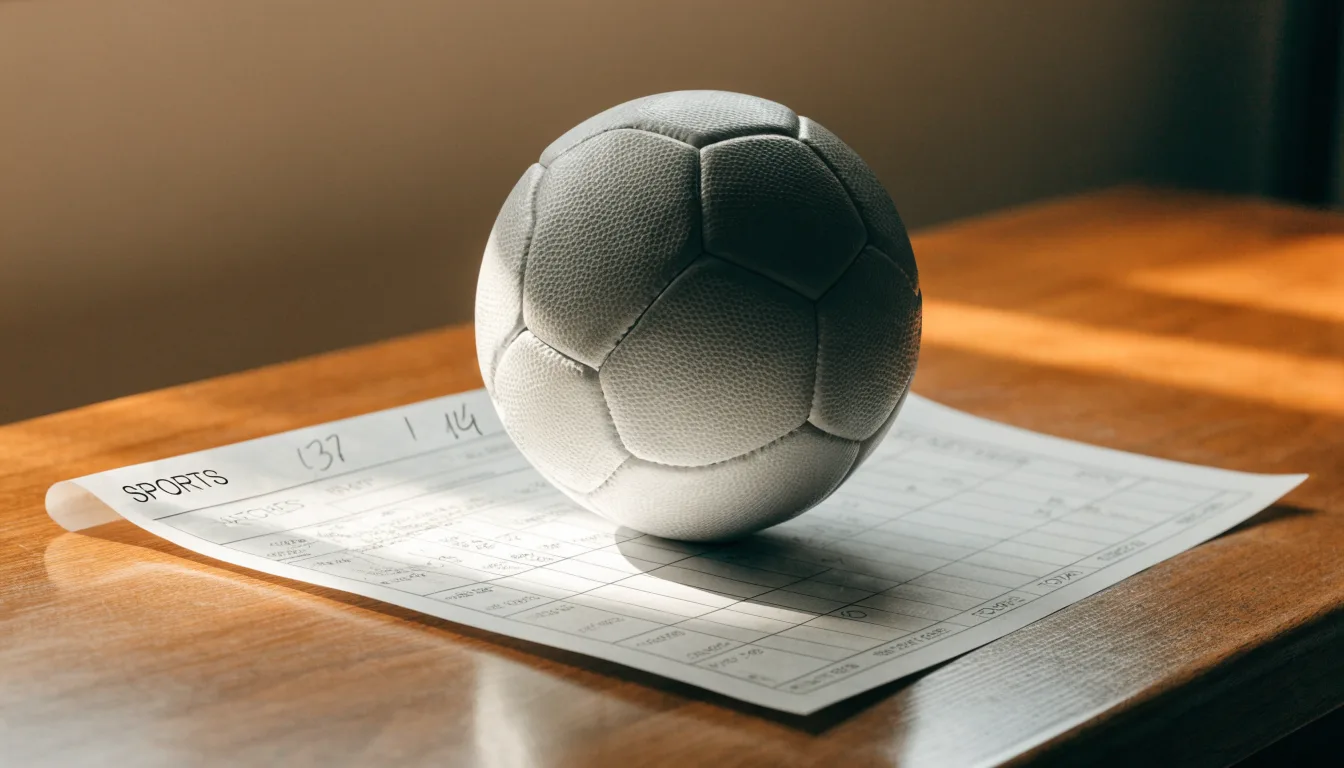 Uma bola de futebol pousada sobre um talão de apostas em branco numa mesa de madeira, à luz do dia